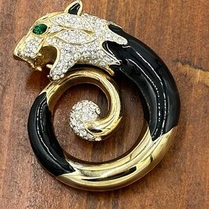 Vintage Gold Tone Rhinestone Black Enamel Panther Brooch/Pen